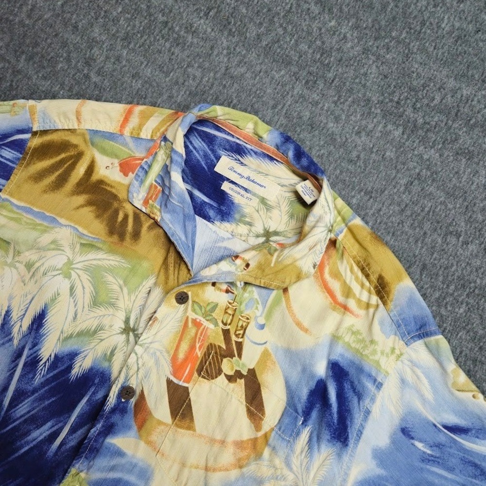 Tommy Bahama Button Down Shirt Mens L Blue Silk Tropical Beach Original Fit